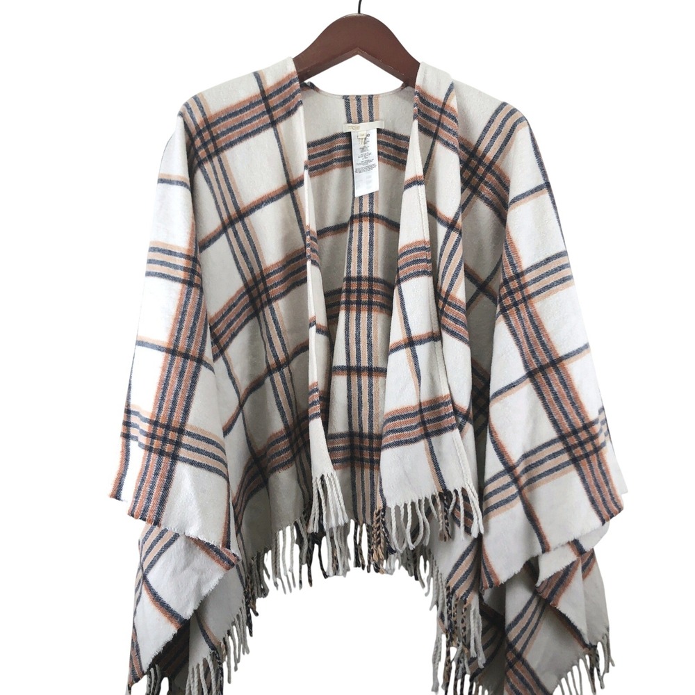 Maje Marengo Plaid Poncho Wrap Shawl Fringe Trim Cream Navy Orange Made in Italy